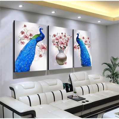 客厅装饰画欧式三联画无框画电视沙发背景墙挂画卧室床头北欧孔雀