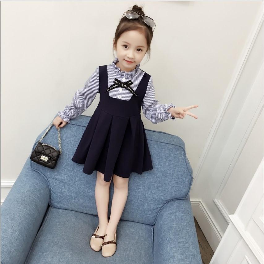 2019 spring and autumn Korean girl temperament dress fake two pieces of girl baby medium length striped long sleeve skirt
