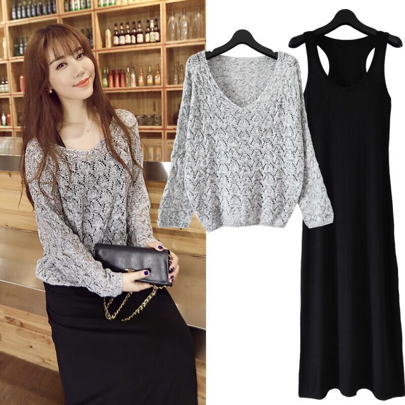 [super value single piece / suit optional] knitted suit skirt Korean version slim two piece dress long skirt