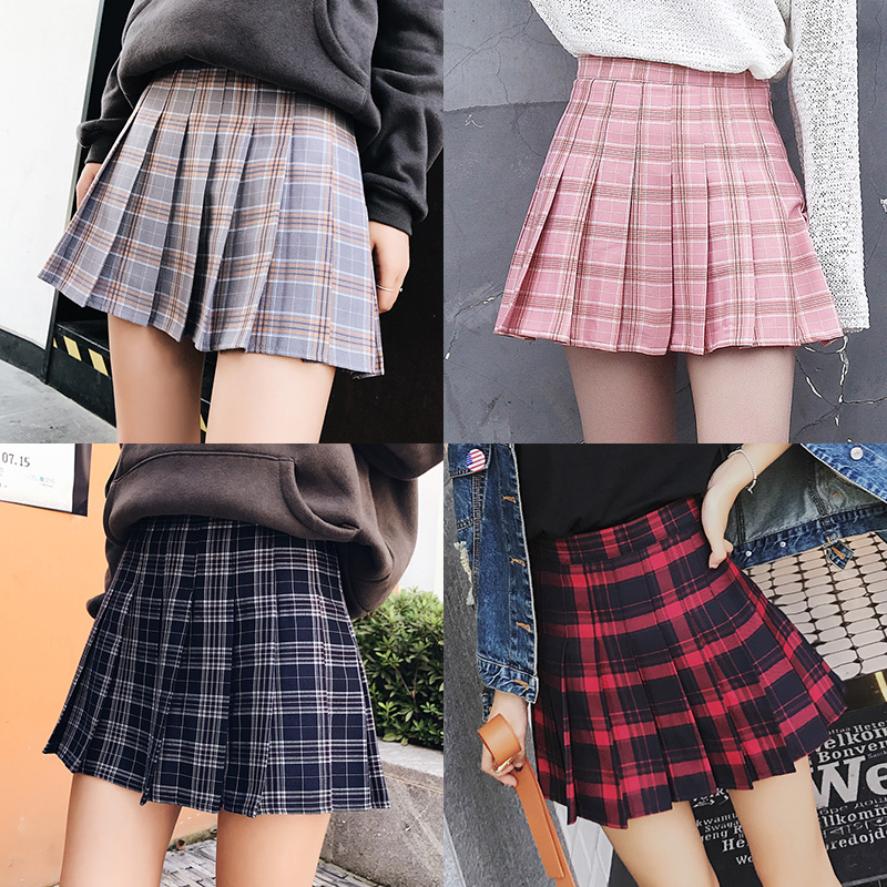 Plaid pleated skirt female student Korean short skirt spring and summer half skirt college style A-line skirt high waist slim pants skirt