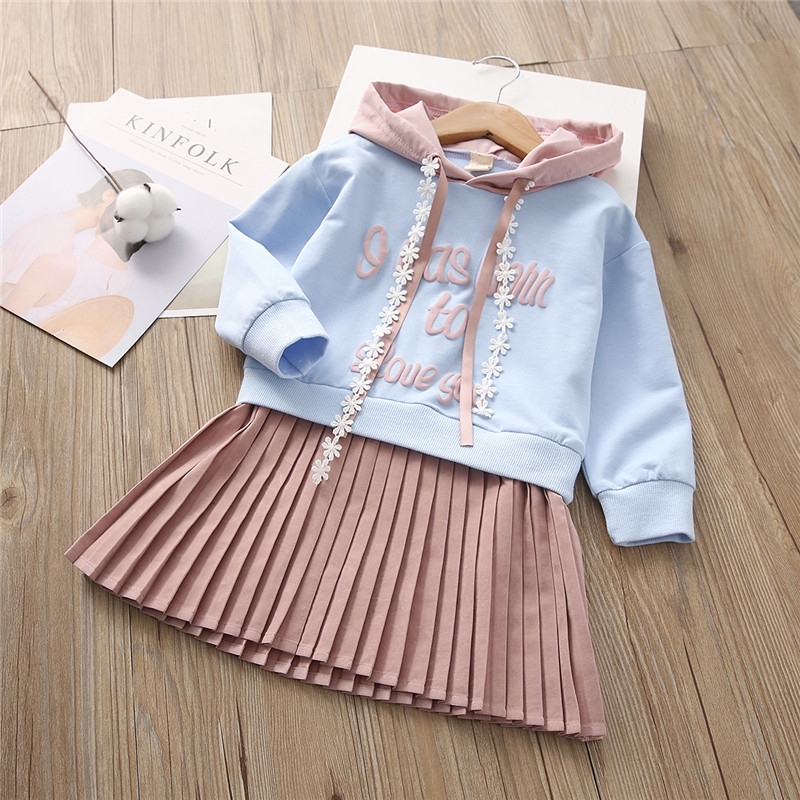 Spring and autumn girls' Korean Cotton Hooded pleated skirt dress girl baby little fresh sports dress