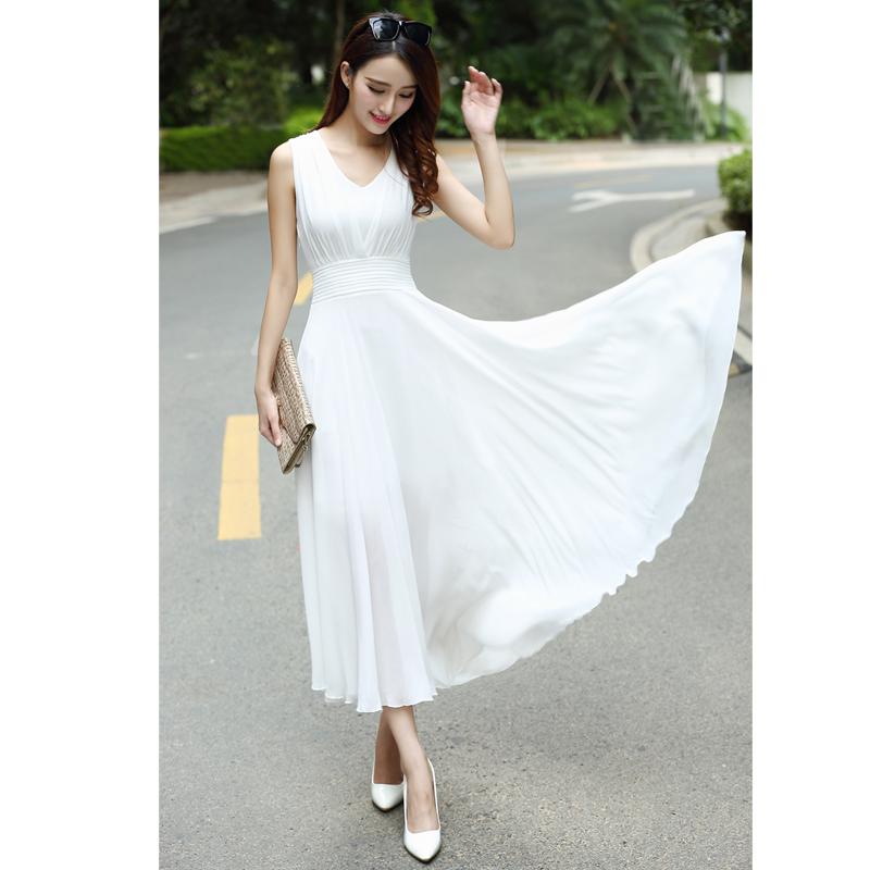 2019 summer women's bohemian long dress beach dress white chiffon dress v-neck slim sleeveless dress