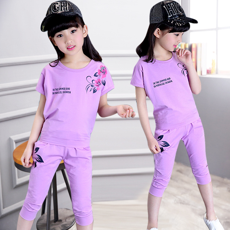Girls' summer suit 2020 new medium and large girls' short sleeve plum blossom two piece suit fashion
