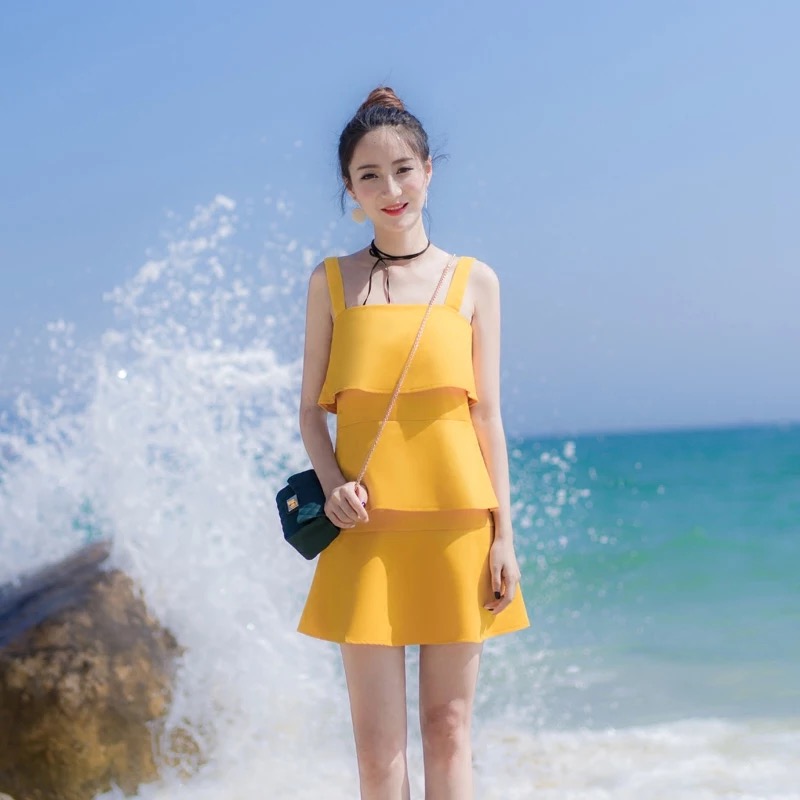 Autumn new style simple and Slim small fresh beach sling skirt vest cake skirt open shoulder lotus leaf skirt dress